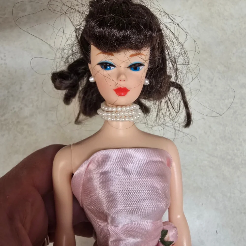 Vintage 1993 Mattel Barbie Doll Brunette Pink Satin Gown Pearl Necklace Malaysia